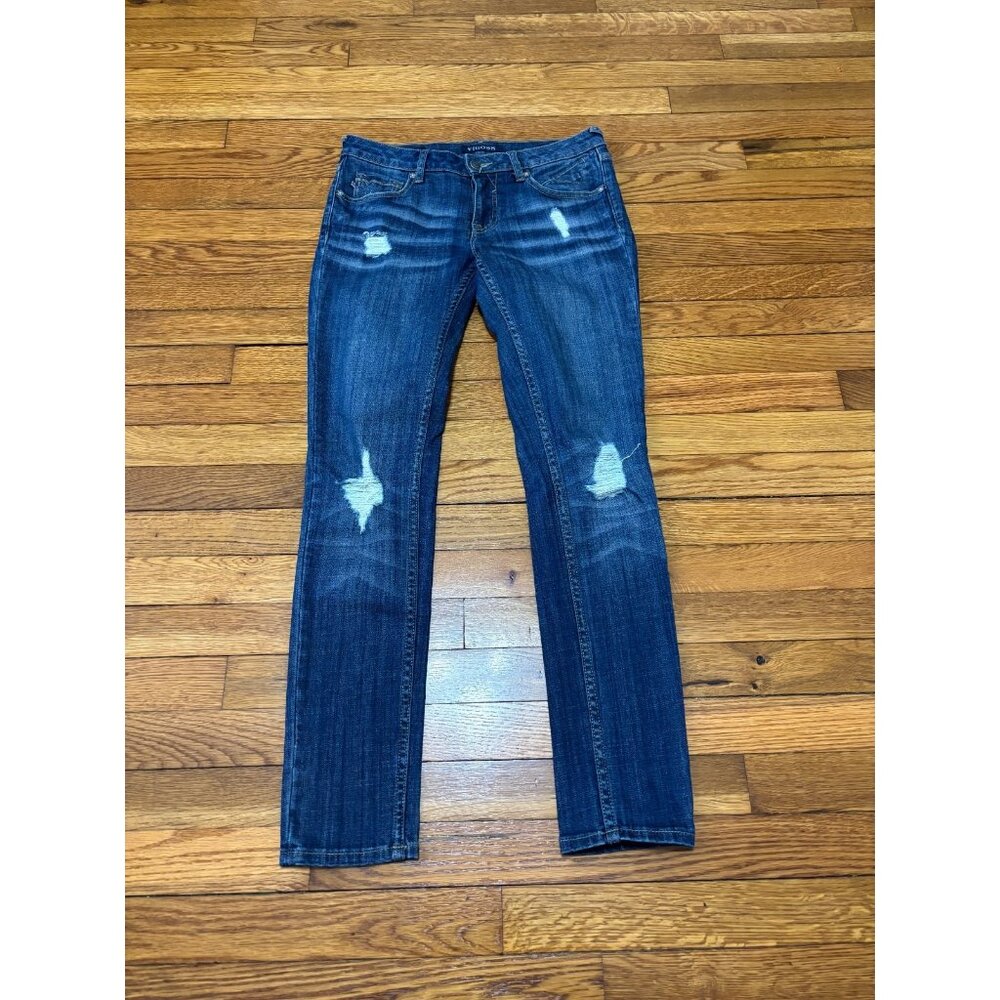 Vigoss Thompson Tomboy Jeans Womens Sz 25 28x30 Blue Dark Wash Distressed Denim